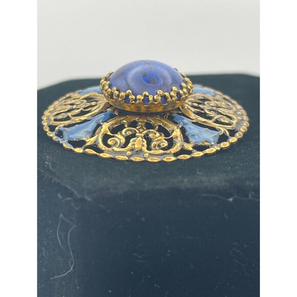 Vintage Brooch Oxidized Gold Tone Blue Accents Blue Stone W Germany - Picture 5 of 11